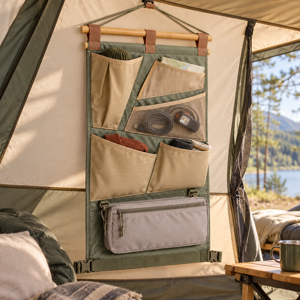 Panneau Suspendu Aurore – Organiseur vertical de camping