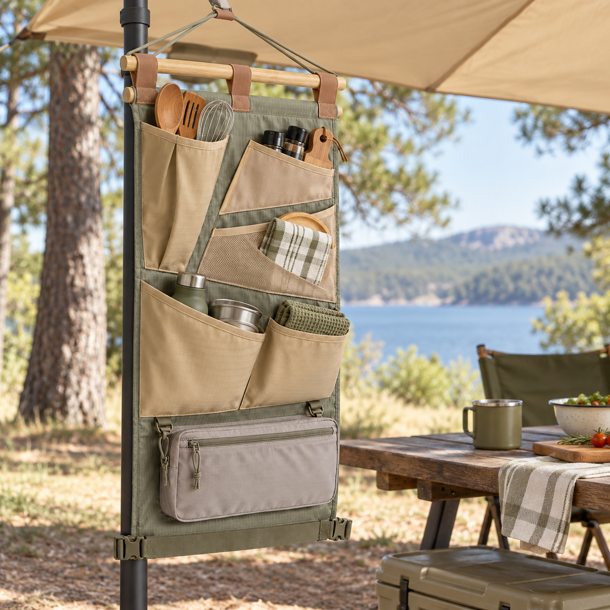 Panneau Suspendu Aurore – Organiseur vertical de camping