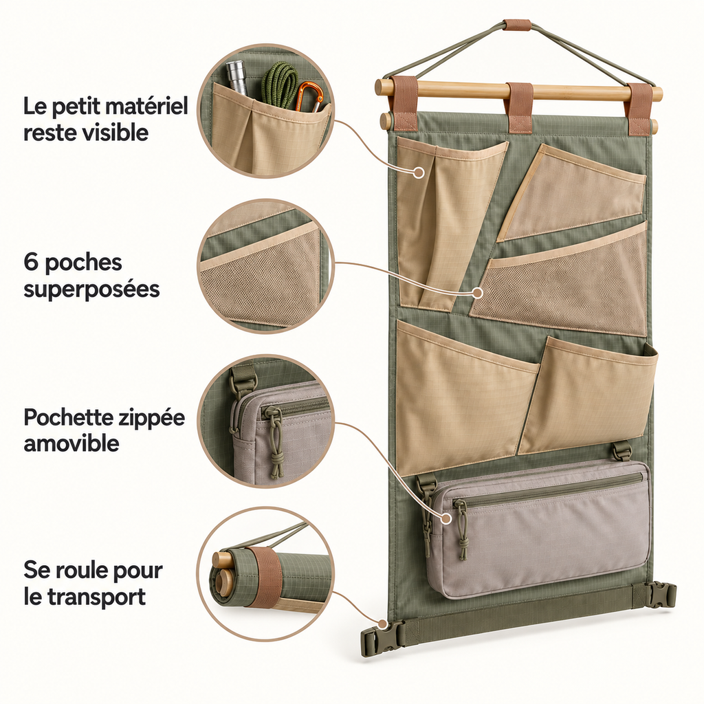 Panneau Suspendu Aurore – Organiseur vertical de camping